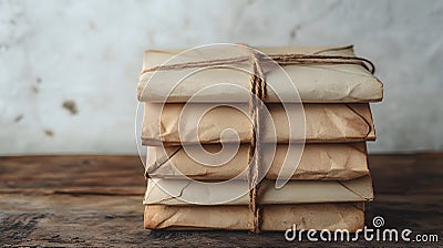Vintage envelopes bound with twine string rest on rustic wooden table, capturing nostalgic postal theme with atm. AI generated Stock Photo