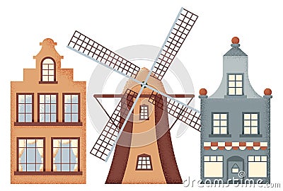 Vintage european city buildings and rural windmill Vector Illustration