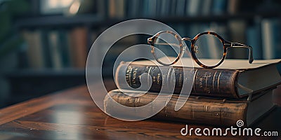 Vintage eyeglasses on antique books in library. classic still life, academic or literary concept. retro style image with Stock Photo