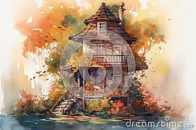 Vintage fairytale house on white background in watercolor style in summer Cartoon Illustration