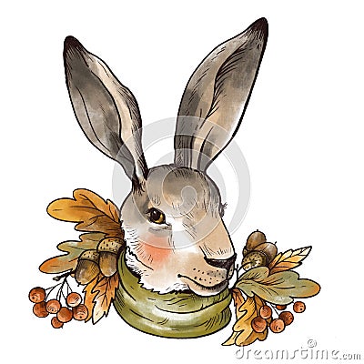 Vintage fall illustration. Cute hare with autumn leaves and acorns brunch. Woodland bunny Cartoon Illustration