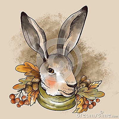 Vintage fall illustration. Cute hare with autumn leaves and acorns brunch. Woodland funny bunny Cartoon Illustration
