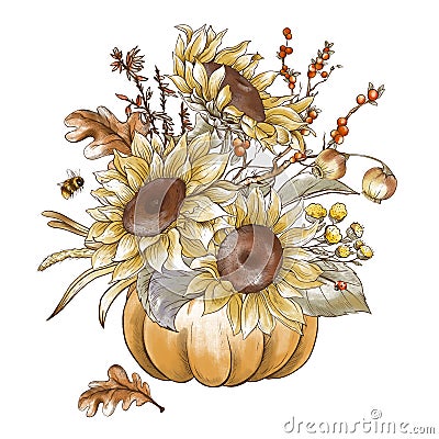 Vintage fall sunflowers, pumpkin greeting card. Thanksgiving harvest Cartoon Illustration