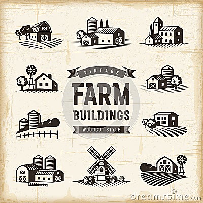 Vintage Farm Buildings Set Vector Illustration