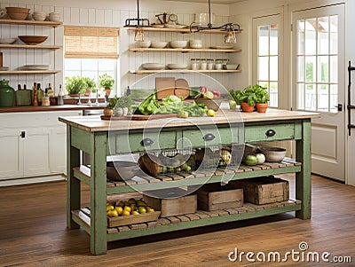 Vintage Farmhouse Haven: The Cozy Green Island Stock Photo