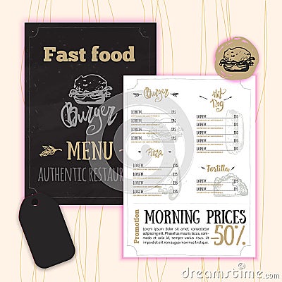 Vintage Fast food menu with hand drawn elements. Pizza, Hot Dog sketch corporate identity Vector Illustration