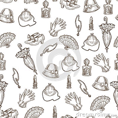 Vintage female accessories monochrome sketches in seamless pattern Vector Illustration