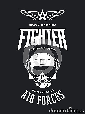 Vintage fighter pilot helmet vector logo isolated on dark background. Vector Illustration