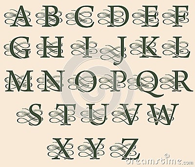 Vintage filigree decorative monograms with capital letters in renaissance victorian style. Vector alphabet Vector Illustration