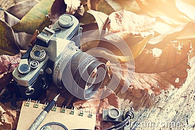 Vintage film camera with dust on dry leaf and wooden in nature Stock Photo