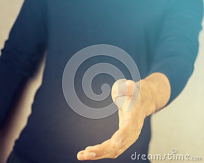 Man open hand toward, greeting and reaching Stock Photo