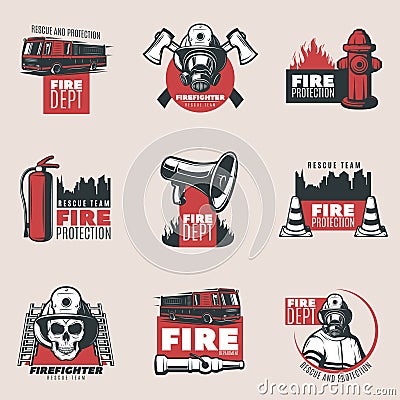 Vintage Fire Protection Logos Set Vector Illustration