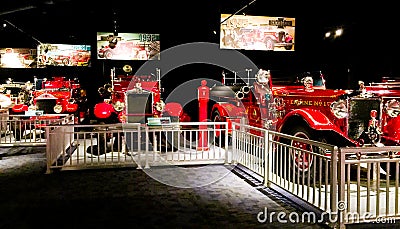 Vintage fire trucks on display in museum. Editorial Stock Photo