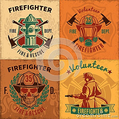 Vintage Firefighting Emblems Set Vector Illustration