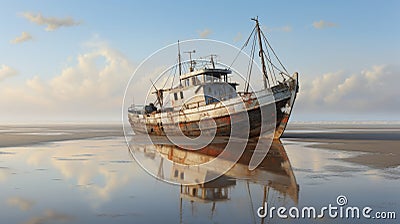 Vintage fishing boat on sandy seashore evokes peaceful recollections of serene coastal days Stock Photo