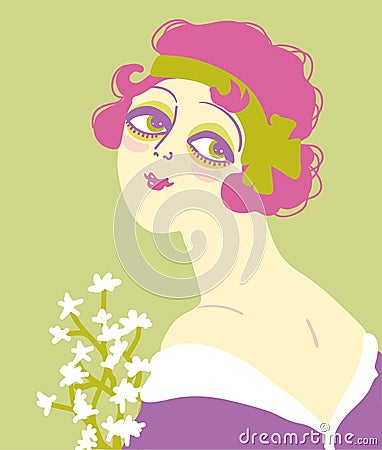 Vintage flapper girl portrait 1920s style fashion dress and flowers. Vector retro woman with pink hair and green ribbon on her Vector Illustration