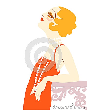 Vintage flapper girl in 1920s style fashion red dress. Vector retro woman with blond hair and fashion lond beads on her neck Vector Illustration