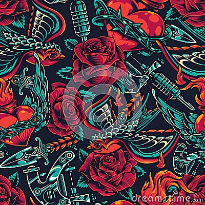 Vintage flash tattoos designs seamless pattern Vector Illustration