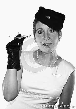 Vintage Flight Attendant in Black and White Stock Photo