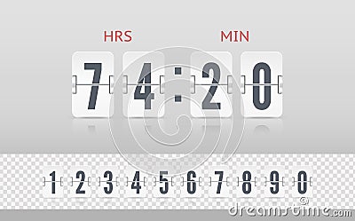 Vintage flip clock time counter vector template. Retro design score board clock. White scoreboard countdown number font Vector Illustration