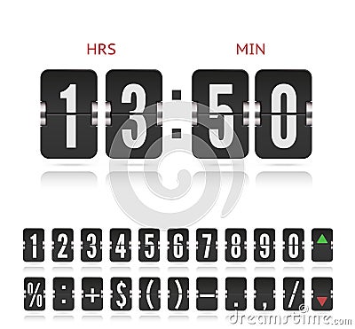 Vector vintage flip clock time counter. Scoreboard number symbol font. Analog stock exchange board countdown timer Vector Illustration