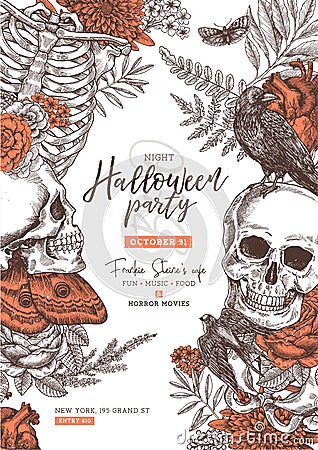 Halloween party poster. Vintage floral anatomy background. Stock Photo