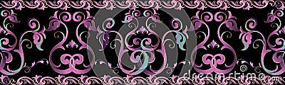 Vintage floral border. Damask seamless pattern. Vector black background with violet swirl flowers, leaves, line art tracery Vector Illustration