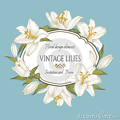 Vintage floral card with a frame of white lilies on the blue background Vector Illustration