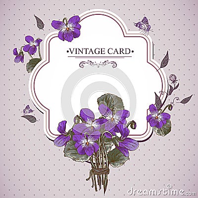 Vintage Floral Card with Violets and Butterflies Vector Illustration