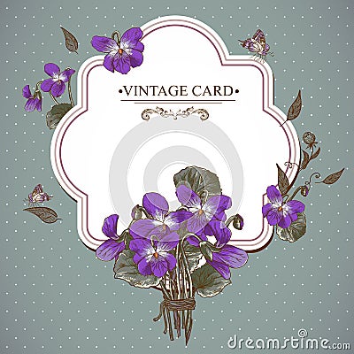 Vintage Floral Card with Violets and Butterflies Vector Illustration