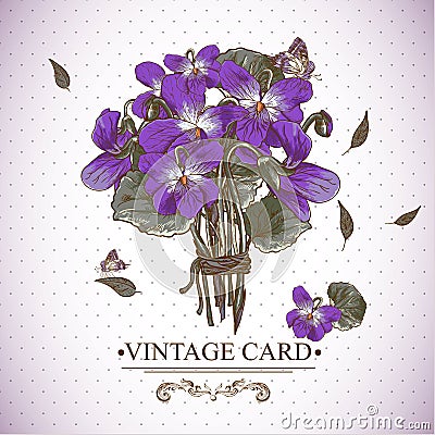 Vintage Floral Card with Violets and Butterflies Vector Illustration