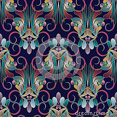 Vintage floral colorful seamless pattern. Dark blue vector background. Hand drawn Vector Illustration