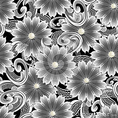 Vintage floral 3d vector seamless pattern. Greek ornamental jewelry background. Line art tracery black and white greek Vector Illustration