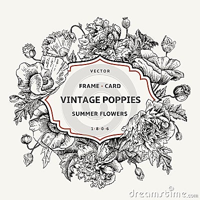 Vintage floral frame with poppies. Vector Illustration