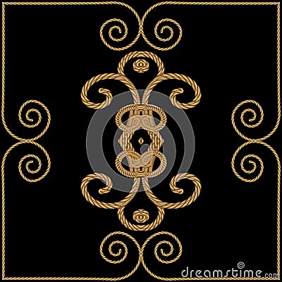 Vintage floral gold 3d pattern with frame on black background. Luxury tapestry swirls lines flowers, frames. Embroidery beautiful Vector Illustration