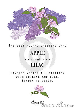 Vintage Floral Greeting Card with Apple Tree and Vector Illustration