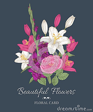 Vintage floral greeting card with bouquet of lilies, gladiolus and rose. Vector Illustration