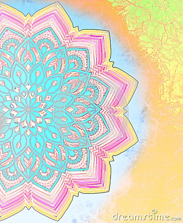 meditation hand drawn half mandala art print seemless pattern floral yellow aesthetic background Stock Photo