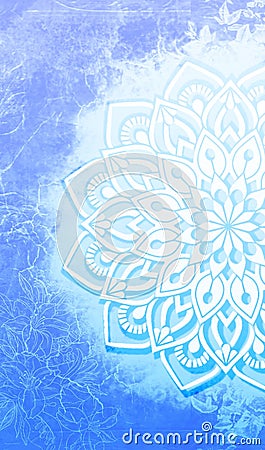 white hand drawn half mandala art print seemless pattern floral blue aesthetic background Stock Photo