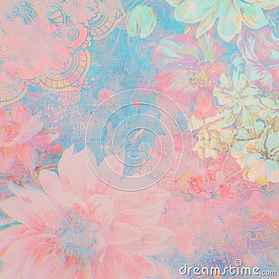 Vibrant pink floral aesthetic mural mandala border print vintage grunge bohemian texture abstract pastel blue background Stock Photo