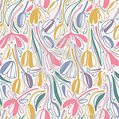 Vintage floral hand drawn seamless pattern. Hand drawn abstract fancy flowers. Folk painting style. Summer blooming Vector Illustration