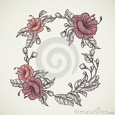 Vintage floral highly detailed hand drawn bouquet of flowers located in elliptical form frame.Retro banner, invitation, wedding ca Vector Illustration