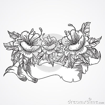 Vintage floral highly detailed hand drawn bouquet of flowers and ribbon banner in black and white. Victorian Motif, tattoo design Vector Illustration