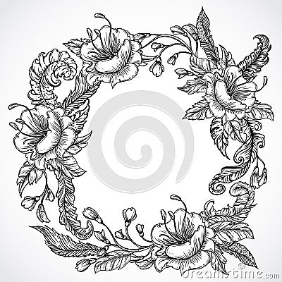 Vintage floral highly detailed hand drawn wreath of flowers and feathers.Retro banner, invitation, wedding card, scrap booking. Vector Illustration