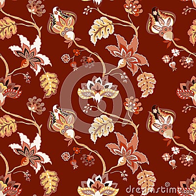 Vintage floral luxury seamless pattern, background. Whimsical flowers Jacobean, elegant style Vector Illustration