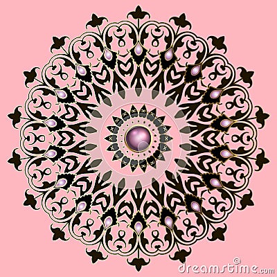Vintage floral mandala. Jewelry round Damask ornament. Beautiful elegance pink background. 3d gemstones. Vector ornamental Vector Illustration