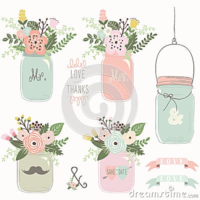 Vintage Floral Mason Jar Vector Illustration