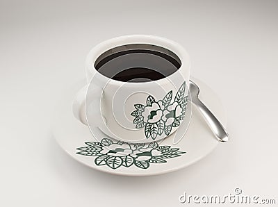 Vintage floral pattern cup and plate set with tea spoon. 3D realistic black coffee with cup illustration Cartoon Illustration
