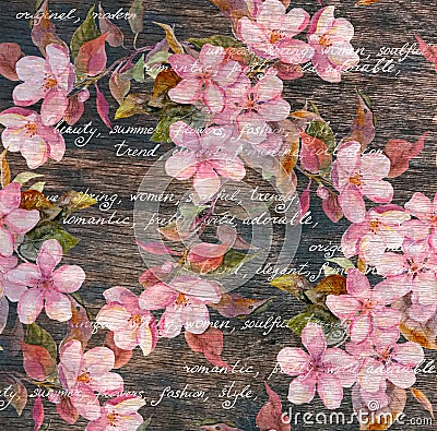 Vintage floral pattern - pink flowers, wood texture, handwritten text. Stock Photo