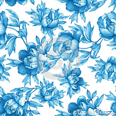 Vintage floral seamless blue monochrome pattern with flowering peonies, on white background. Cartoon Illustration